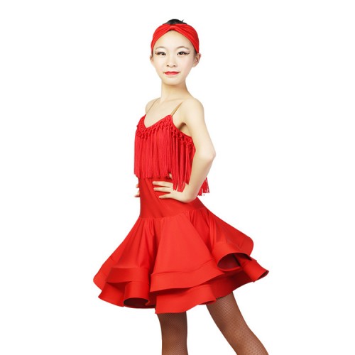Kids latin dresses red color girls fringes stage performance competition salsa rumba samba stage ballroom dancing skirts